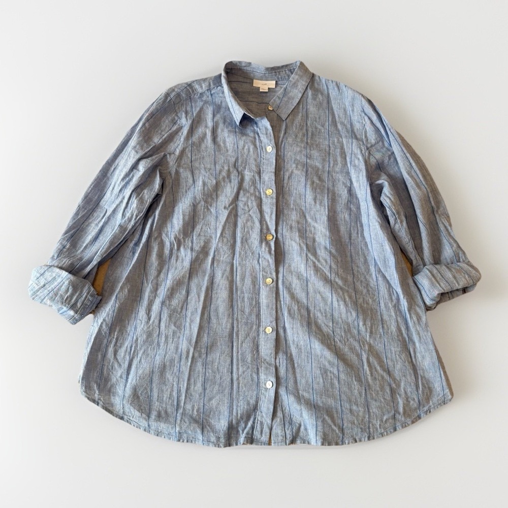J Jill Women's Linen Blouse Medium Blue Striped Roll Tab Sleeve Coastal Grandma